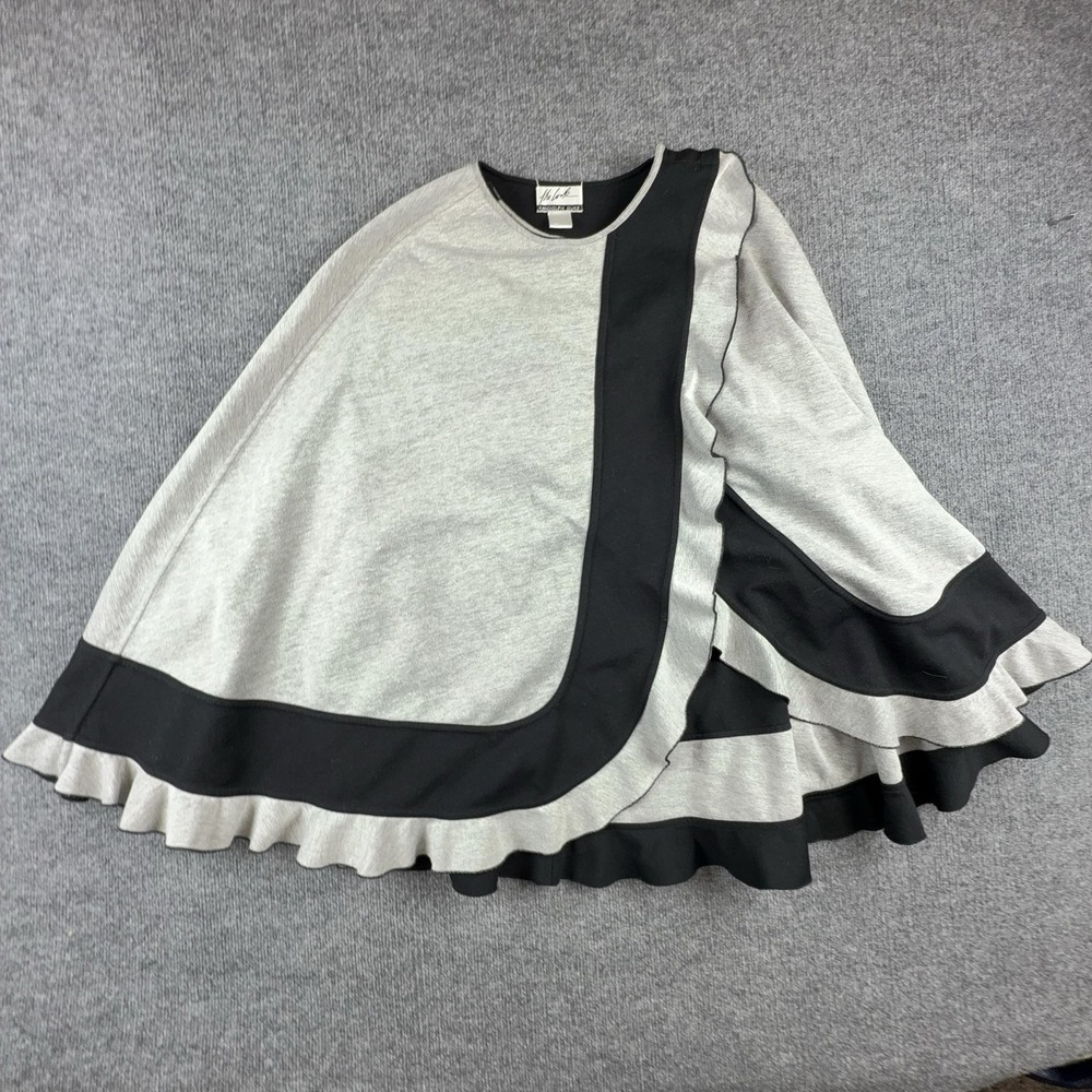 Randolph Duke Cape Sweater Womens One Size Gray Black Ruffle Trim Knit Poncho